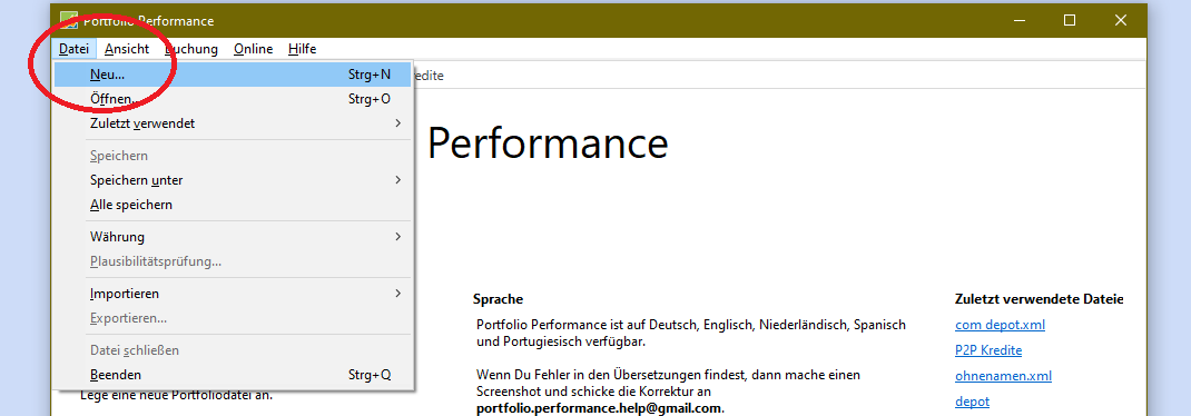 Portfolio Performance neue Datei erstellen