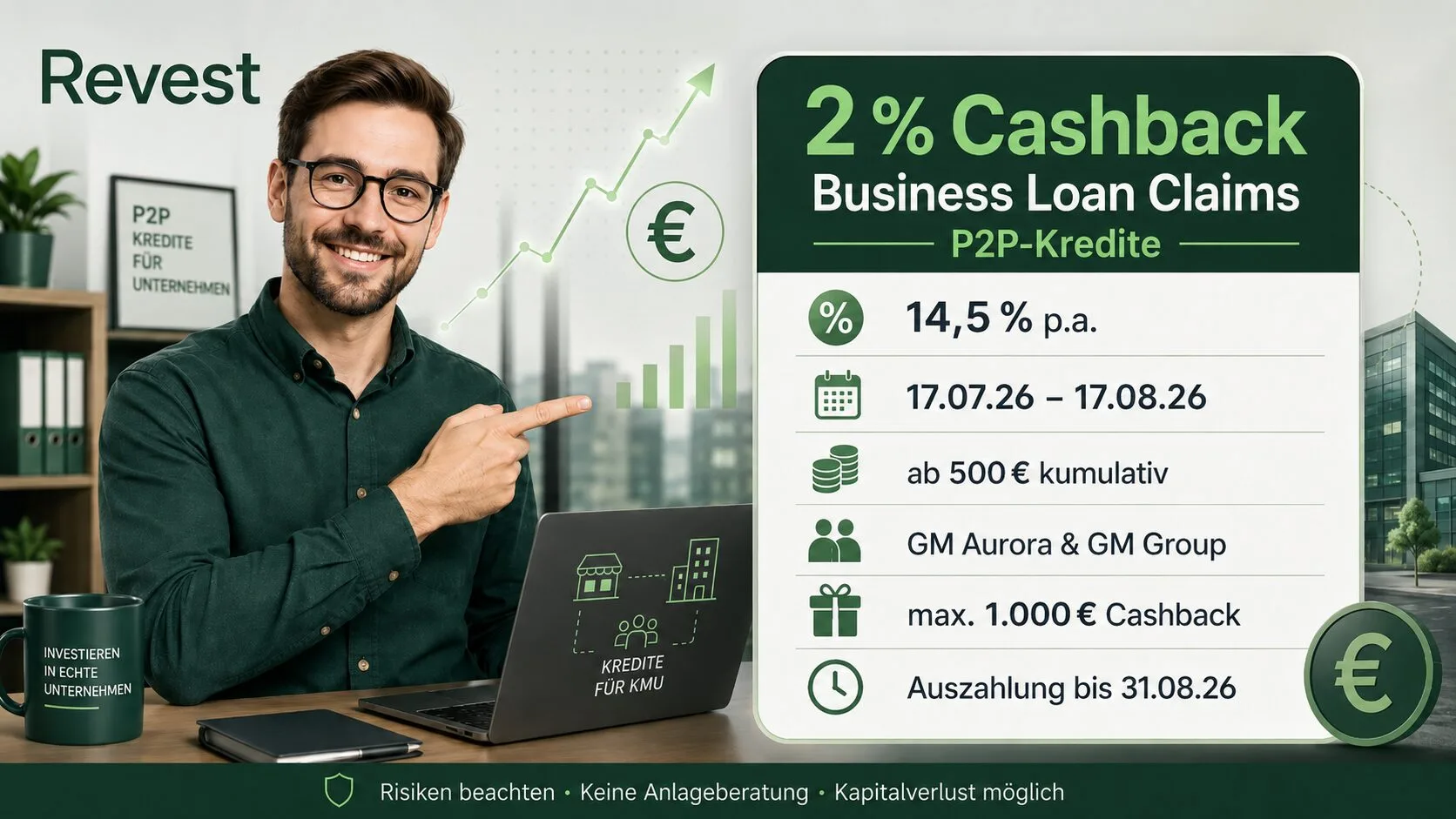 Revest: 2 % Cashback auf P2P-Geschäftskredite mit 14,5 % Zinsen