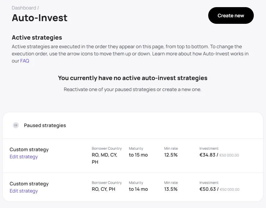 Meine derzeit pausierten Nectaro Auto-Invest-Strategien