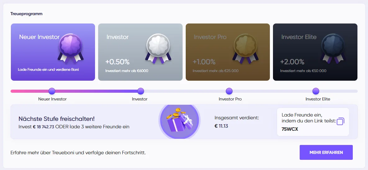 Debitum Treueprogramm mit Investor-Stufen