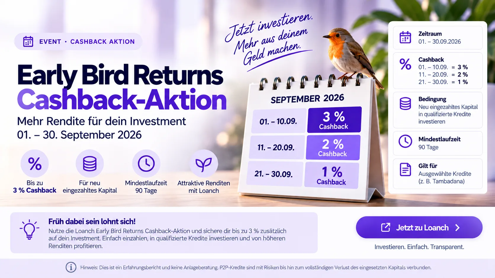 Loanch Early Bird Returns: bis zu 3 % Cashback