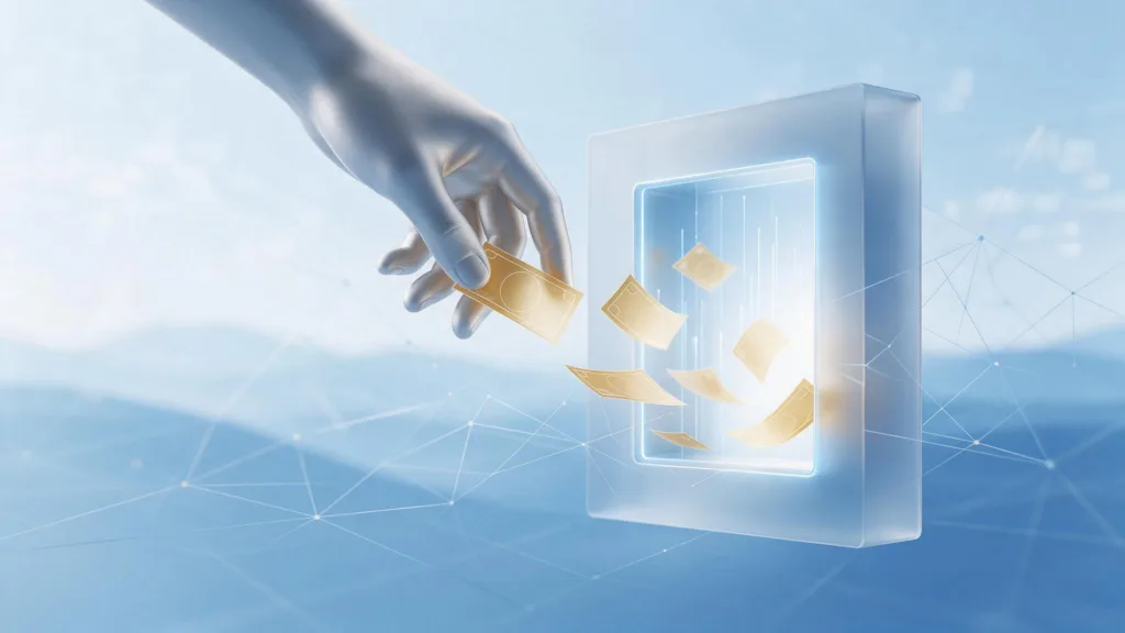 Grafik, die eine schnelle Geldabhebung von einer digitalen Oberfläche zeigt, symbolisiert sofortige Auszahlung.