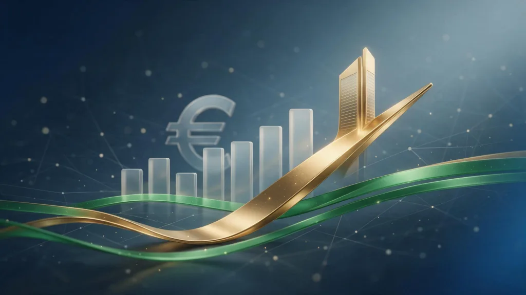 Graphique avec une tendance à la hausse et des symboles de flux monétaire et d'intérêts, représentant le succès de Stock Estate et le nouveau modèle de taux d'intérêt.